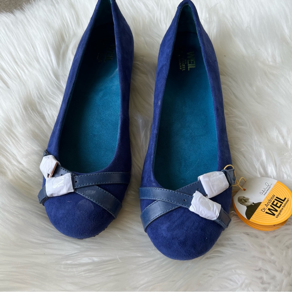 Dr. Andrew Weil Blue Faux Suede Strappy Arched Buckle Flats